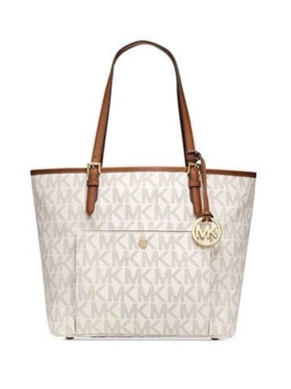 Michael Kors Cream Signature Tote with Brown Leather Trim